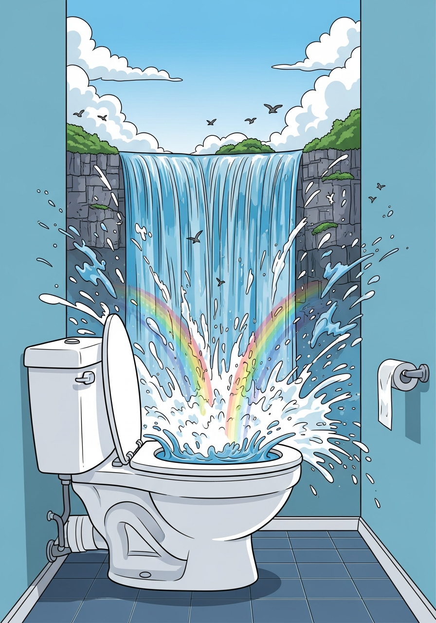 Funny poster: a WC bowl gushing like Niagara Falls with splashes everywhere